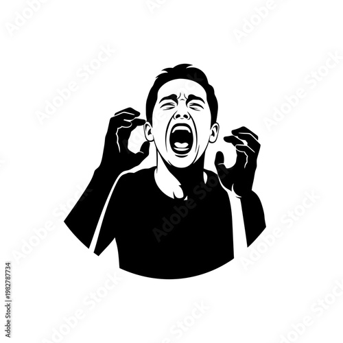 Man Screaming in Frustration, Hands Raised in Anger, Black and White Vector Art
