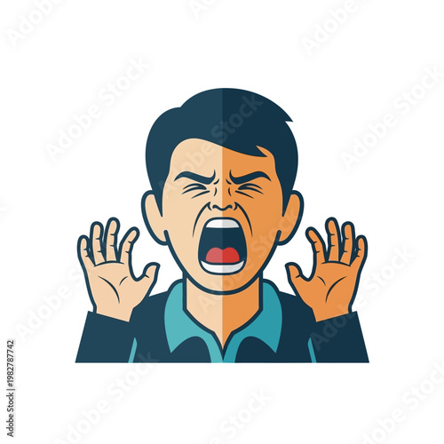 Man shouting in anger, frustration, or pain, with hands raised in distress