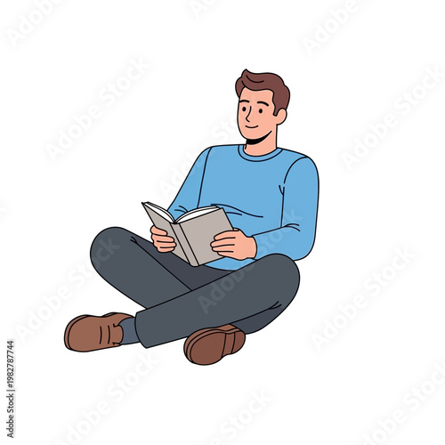 Man Sitting Cross-legged Reading a Book, Relaxed and Focused