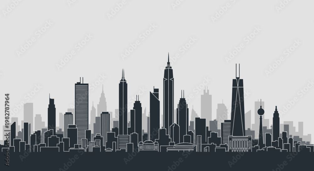 Fototapeta premium Modern City Skyline Silhouette at Dusk, Urban Landscape with Tall Buildings and Skyscrapers