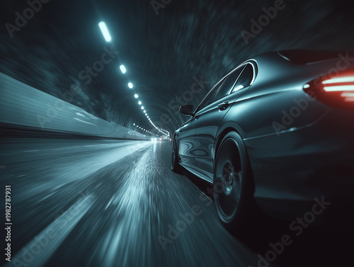 Sports car driving out of tunnel at high speed