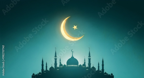 A mosque silhouette under a crescent moon