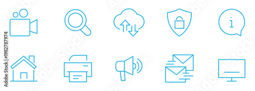 Outline social media icon set for engagement, online communication, community growth, content interaction, and digital marketing, featuring clean editable stroke line icons for modern UI/UX design