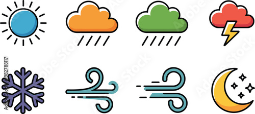 Weather icons set with sun cloud rain snow wind storm lightning and night moon symbols