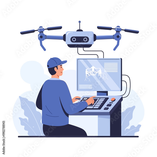 Man operating drone control panel with computer screen displaying drone interface and aerial view