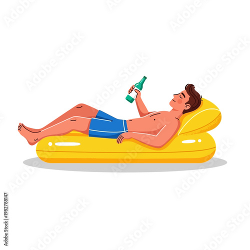 Man relaxing on inflatable mattress with beer bottle at poolside, summer vacation