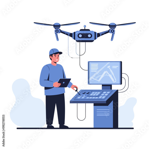 Man controlling drone with tablet and console, futuristic technology, innovation, engineering