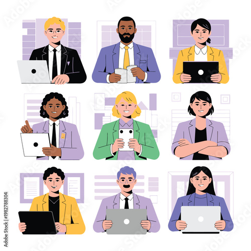 Diverse group of professionals collaborating remotely on digital devices in a modern office setting.