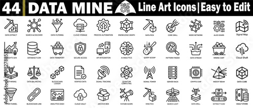 Data mine line art icons. Featuring detailed strokes for extraction, storage analytics, and blockchain technology on a transparent background for easy editing, vector illustration.