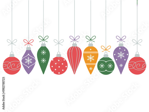 Collection of colorful festive Christmas ornaments hanging on strings against a white background.
