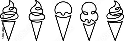 ice cream cone line art set featuring various soft serve and scoop designs in simple outline style for modern illustration