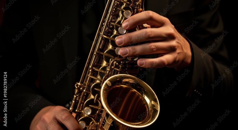 Obraz premium Saxophonist playing gold saxophone on stage. Close up of musician hand on instrument keys. Professional jazz performance during live concert. Emotional melody in dark club atmosphere.