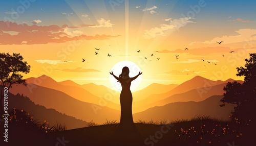 Silhouette of a Woman Embracing the Sunrise Over Mountains with Birds Flying.