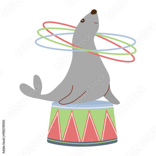 Cute grey circus seal performing a trick with colorful hula hoops on a decorative podium. Flat vector illustration of a marine animal show isolated on white background.