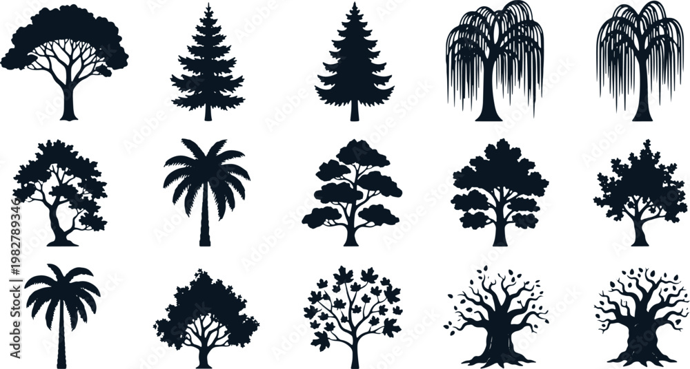 Fototapeta premium Variety of tree silhouettes, including deciduous and evergreen species, nature.