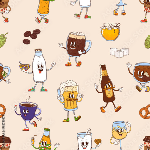 Cartoon groovy drink characters seamless pattern including wine, coffee, and milkshake with happy faces. Retro vector design with 70s vibe beverages like beer, tea and honey jars for restaurant menu