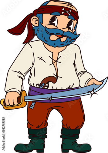 Grey haired corsair pirate cartoon funny character. Corsair bandit cute personage, Caribbean pirate happy vector character. Filibuster captain cheerful mascot with grey beard, armed with cutlass sword