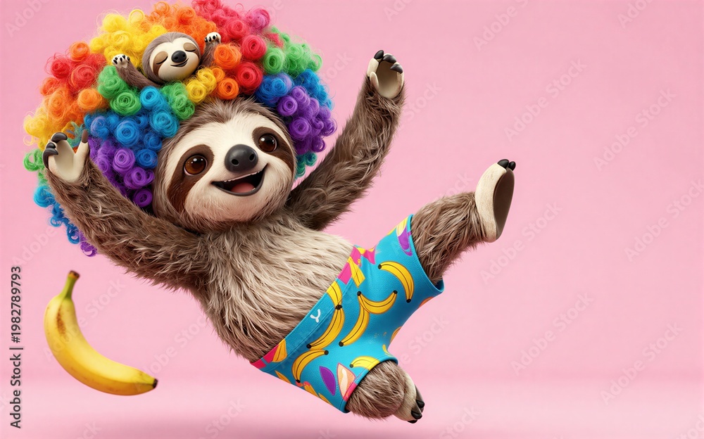 Fototapeta premium Joyful sloth leaps mid-air with rainbow afro and banana shorts