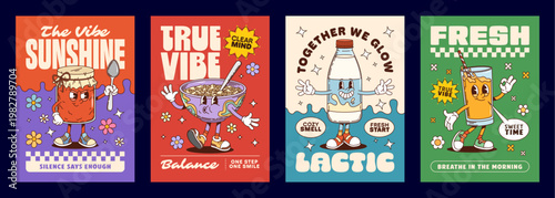 Funky breakfast groovy hippie characters posters, vector food and drink. Cartoon happy morning cereal bowl and milk bottle characters. Retro groovy orange juice glass and jam jar with spoon posters