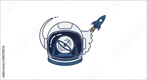Astronaut Helmet with Rocket Launching from Visor, Space Exploration Concept