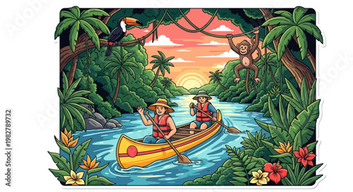 Canvas Print Children Canoeing Jungle River at Sunset with Monkey and Toucan