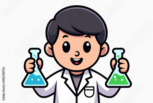 A cartoon boy scientist is holding two beakers. He’s smiling and appears to be conducting an experiment in a laboratory setting.