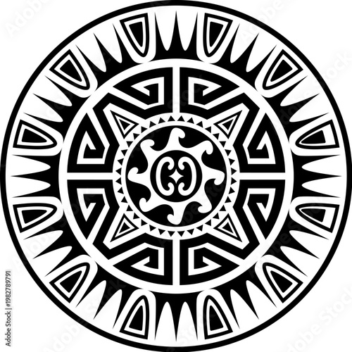 Maori sun medallion tribal black tattoo or print. Polynesian warrior abstract tattoo, Maori tribe folk decoration. New Zealand tribal black symbol