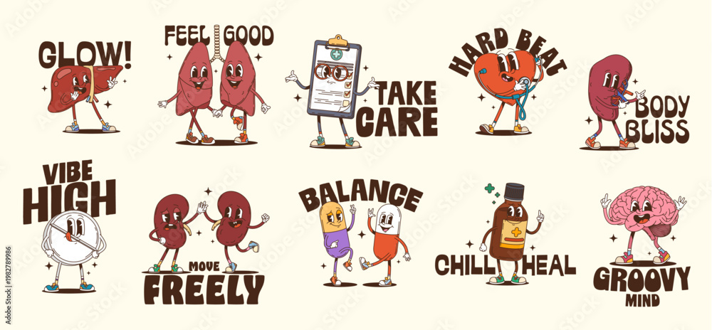 Obraz premium Medicine and healthcare funky y2k groovy hippie characters stickers. Retro vector liver, lungs, heart, doctor prescription pad, kidney, pill, syrup bottle and brain. Funky stickers