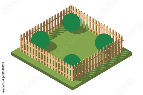 Wooden fence encloses a small green garden with round leafy bushes.