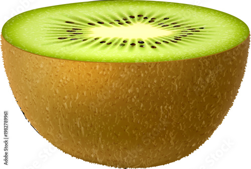 Realistic raw isolated ripe kiwi fruit half slice. 3d vector halved tropical kiwi showing its vibrant green interior, black seeds, and brown fuzzy skin, fresh, juicy texture and cross section view