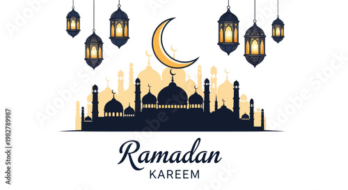 Ramadan Kareem Crescent Moon and Lanterns over Mosque Silhouette