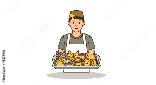 Smiling Chef Holding Tray of Assorted Indian Snacks and Appetizers