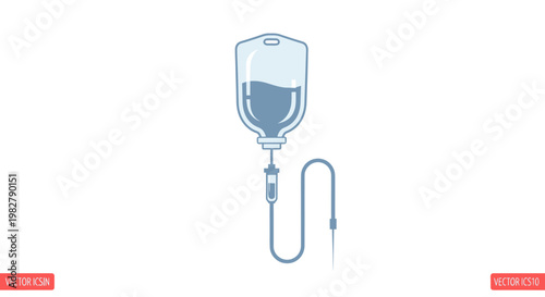 Medical IV drip bag with fluid and tubing, flat icon illustration