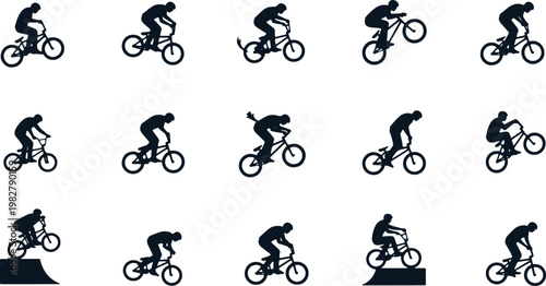 BMX biker performing freestyle tricks on ramps and during jumps.