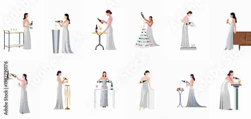 Set of elegant women in evening gowns pouring and serving wine or champagne, flat vector illustration collection.