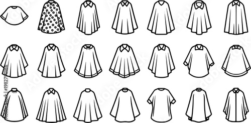 Fashion Apparel Clothing Line Art Icons Set: Various Blouses, Tops, Shirts, Ponchos  Capes. Black and White Outline Glyphs for Women's Garments.