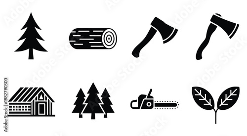 Forestry icons set, tree log axe cabin chainsaw and leaves symbols in modern line and flat vector style, representing logging industry, forest management, nature conservation, and outdoor woodwork too