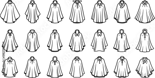 Fashion Apparel Industry Black and White Line Art Vector Illustration Set: Diverse Cloaks, Capes, and Ponchos Designs for Outerwear