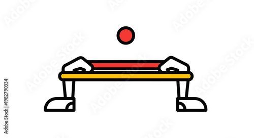 Abstract illustration of hands holding a red ball above a yellow and red table