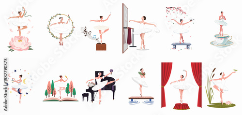 Collection of Elegant Ballerina Illustrations in Various Whimsical and Romantic Scenes