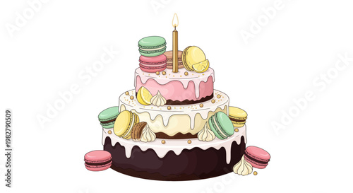 Festive Multi-tiered Cake with Macarons and Birthday Candle