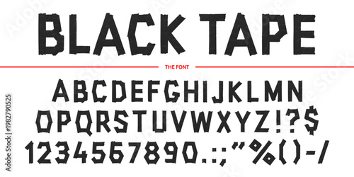Black sticky tape font, adhesive duct tape typeface alphabet letters and numbers, vector typography set. Realistic wrinkled sticky black paper band font english alphabet symbols with torn edges