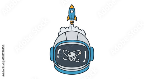 Astronaut Helmet with Rocket Launching and Atom Symbol