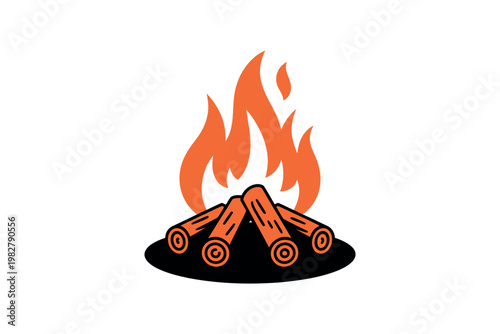 Campfire burns with bright orange flames over a pile of wood logs.