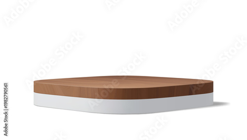 Realistic 3d wooden podium stage with white plate for cosmetic products promotion. Vector modern studio display with smooth rounded and squared surface for branding showcase and presentation mockup