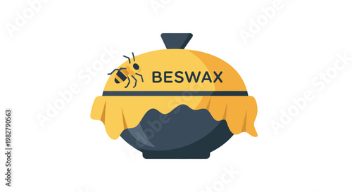 Beeswax pot with honey dipper and bee illustration, yellow and blue colors