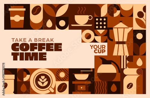 Coffee time banner with brown and beige geometric pattern featuring cup, mug, kettle pot, grinder and roasted beans with bold take a break typography on modern grid background for cafe or cafeteria
