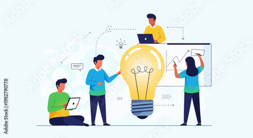 Teamwork and Innovation: People collaborating around a giant lightbulb, symbolizing ideas and strategy.