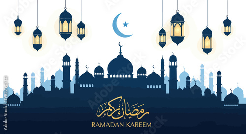 Ramadan Kareem Islamic City Silhouette with Lanterns and Crescent Moon
