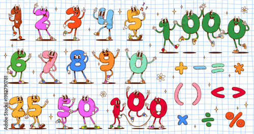 Groovy math number characters for kids mathematics and counting, cartoon vector. Funny groovy math number characters with funky face and happy smile, school numbers and mathematical equation symbols